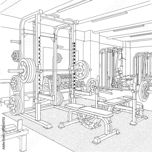 Detailed architectural line drawing of a modern fitness gym interior for strength training