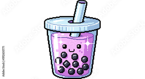 Kawaii Pixel Art Bubble Tea Illustration with Smiling Face. Cute Retro 8-Bit Graphic of Pink Boba Drink Icon Isolated on White Background.