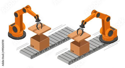 Isometric illustration of industrial robotic arms assembling or packaging cardboard boxes on a conveyor belt system, depicting factory automation and logistics technology.