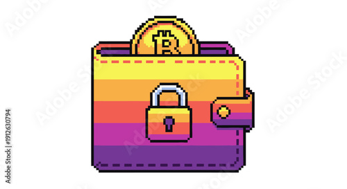 Secure Digital Cryptocurrency Wallet Icon in Pixel Art Style with Bitcoin Coin and Padlock Symbol on Rainbow Gradient Background