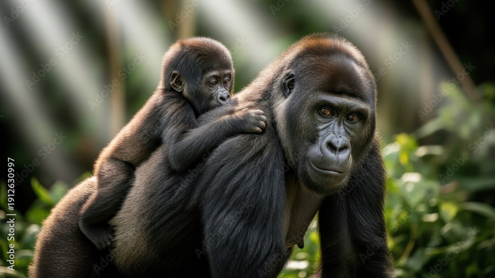 Obraz premium Gorilla Mother and Baby in Jungle Environment.
