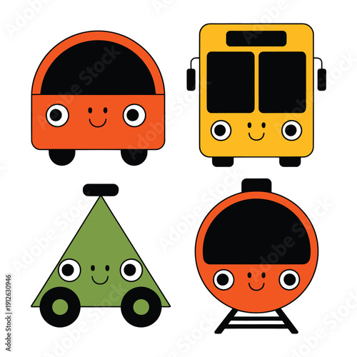 Friendly Transport Illustration: A collection of cheerful and whimsical cartoon vehicles, including a bus, train, car, and unique triangular design, all radiating positivity and delight.