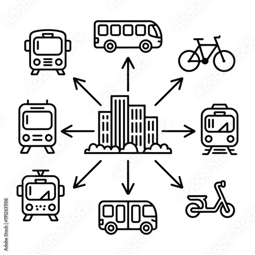 Urban Transportation Hub: An illustration showcases various modes of transportation converging towards a city center, highlighting urban mobility and connectivity.