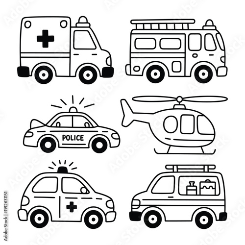 Emergency Vehicles Collection: A set of six essential emergency vehicles, illustrated in a clean, minimalist style, perfect for educational materials and design projects.
