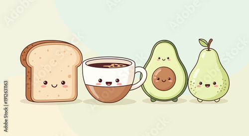 Cute Kawaii Food and Drink Characters for a Whimsical Breakfast Scene