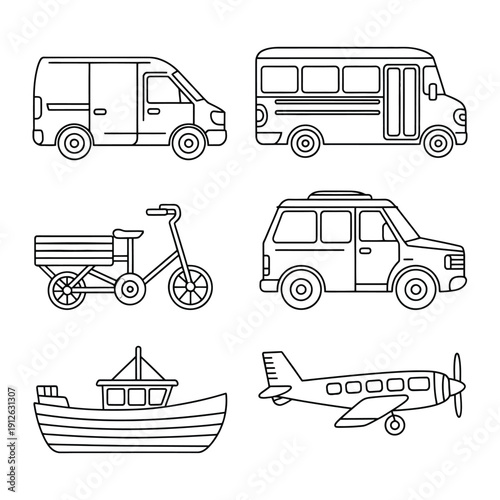 Transportation Silhouette Collection: A set of transport vehicles, providing clean lines and versatile for design, transport and journey illustrations.