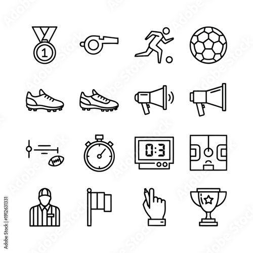 Sports icons collection featuring medal, whistle, athlete, soccer ball, and various sports equipment, Whisk style graphical elements
