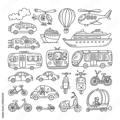 A Fleet of Vehicles: A playful collection of sketched transportation modes, perfect for conveying movement, travel, and adventure, invites the viewer to embark on a journey. 