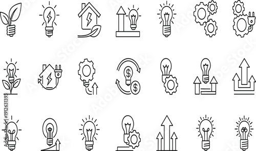 Sustainable Green Energy And Innovation Icon Set Featuring Eco Friendly Light Bulbs, Solar Power House, Renewal Electricity, Global Business Growth, And Innovative Technology