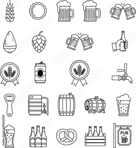 Collection of beer icons featuring hops, mugs, and barrels in a Whisk_ezm1czmymjnizdzl1yyinjytqjm0qtlhfdz40sy.eps style