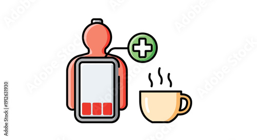 Low Energy Battery Meter on Human Body Next to Coffee Cup Symbolizing Fatigue and the Need for Caffeine or Recharge to Boost Mental Health and Productivity Icon