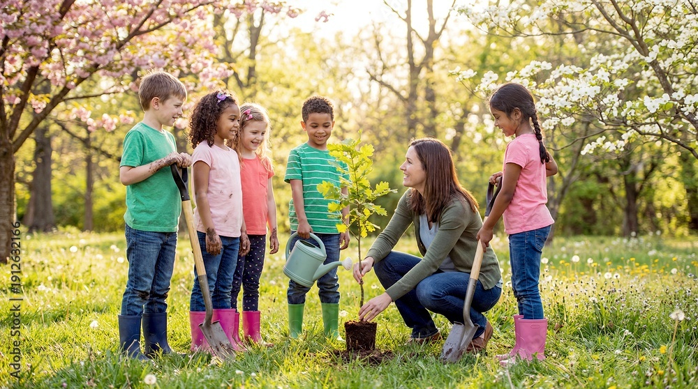 Fototapeta premium Children planting young tree in park with teacher on sunny spring day