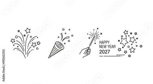 New Year 2027 Celebration Icons: Fireworks, Party Popper, Sparkler