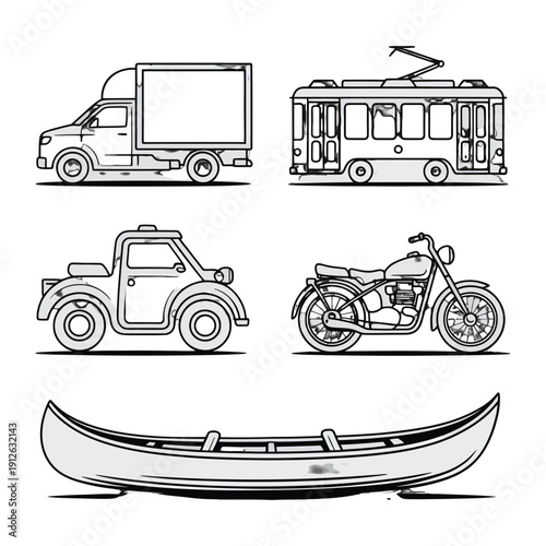 Various Transportation: An illustration showcasing diverse modes of transport, each meticulously detailed in a clean, black and white style, invites a journey through a world of vehicles and vessels.