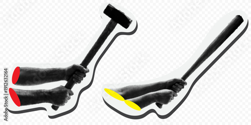 Halftone sticker set of hands holding a hammer and a baseball bat. Concept of repair, construction, sports, or aggression isolated