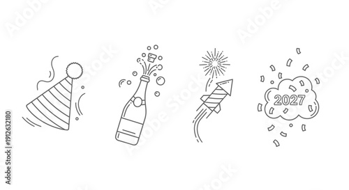 New Year 2027 Celebration Icons: Party Hat, Champagne Bottle, Rocket, Confetti