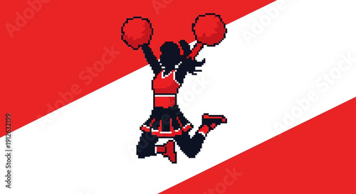 pixel art cheerleader jumping with red pom-poms celebrating team spirit against a bold red and white diagonal background for sports graphics.