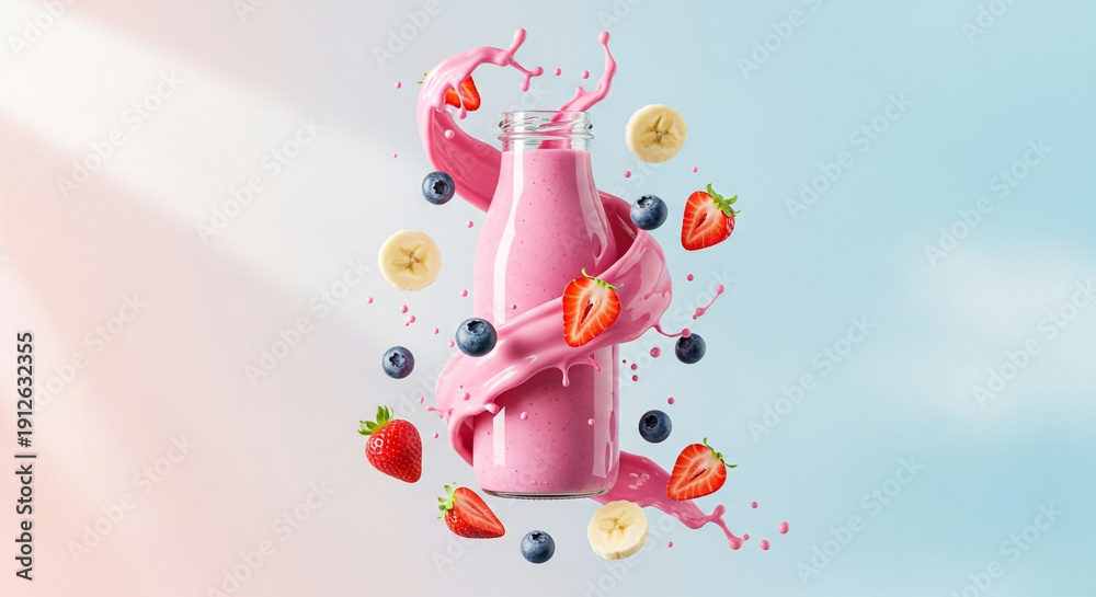 Fototapeta premium a clear bottle with fruit explosion and liquid splash