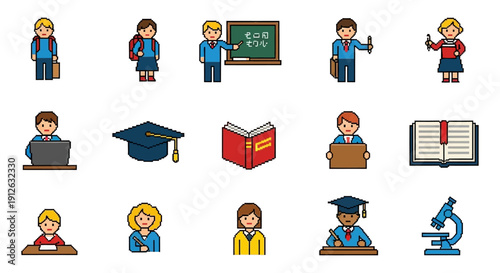 pixel art education icons illustrating students teachers and learning tools ideal for digital learning materials and academic concept design.