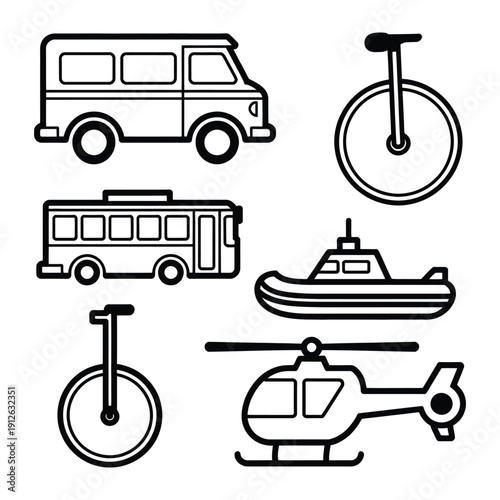 Transportation Collection: A curated set of line art illustrations, featuring various modes of transport ready for journeys and adventures. 