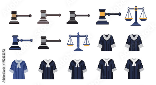 pixel art law and justice symbols gavels scales judge robes depicting legal themes for digital design projects.