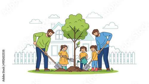 A heartwarming scene of a gay male couple planting a tree with their two young daughters in the backyard of their suburban home.