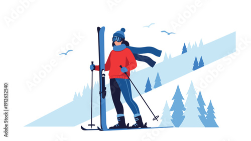 A woman dressed in warm winter clothes standing on a snowy mountain slope with her skis, ready for a winter sports adventure.