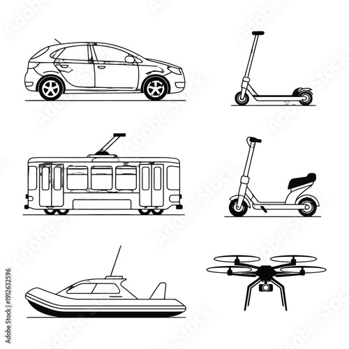Urban Mobility Collection: An artistic depiction showcases various modes of transportation for navigating urban landscapes, illustrating the diverse options available for city dwellers. 