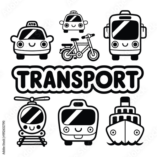 Transport Illustration Collection: A whimsical illustration of transport vehicles, featuring a diverse array of cars, bus, ship, helicopter and others with smiley faces.