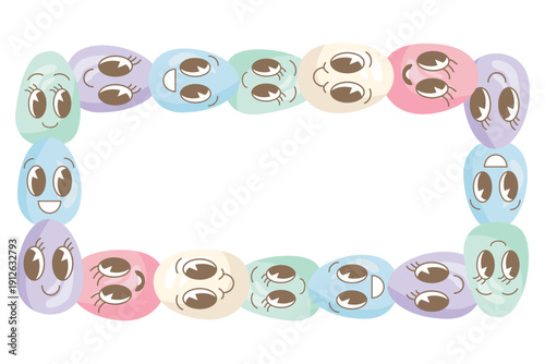 A rectangular frame with colorful Easter eggs with smiley faces. Vector illustration with emoji eggs. Suitable for Easter-themed designs for children.