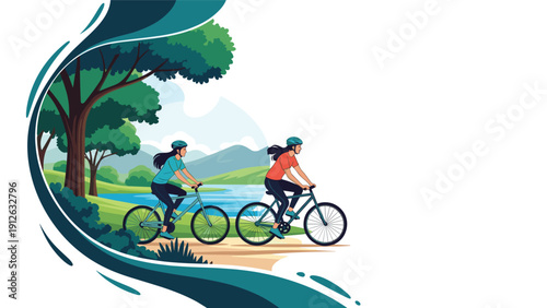 Two women wearing helmets enjoy a scenic bike ride along a path by a lake, with lush green trees and mountains in the background.