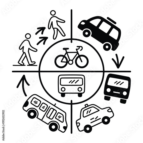 Circular Transportation Options: A circular illustration of various transport choices, including a person, car, bike, bus, and taxi, highlighting sustainable mobility options. 