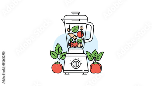 A line art illustration of a kitchen blender filled with fresh tomatoes and basil, ready to make a healthy smoothie or sauce.