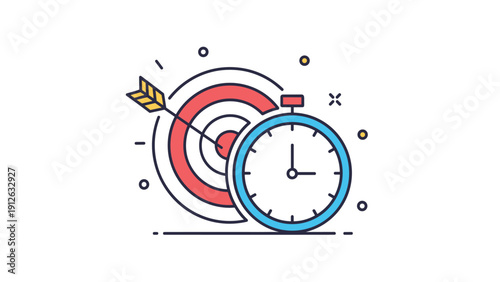 A colorful flat line icon combining a target with an arrow in the bullseye and a stopwatch, representing goals, deadlines, and precision.