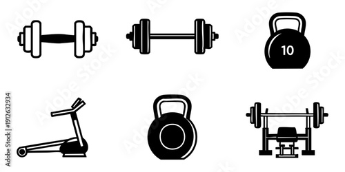 Illustration of various exercise equipment including dumbbells, kettlebells, and fitness machines in a gym setting from a straightforward viewpoint