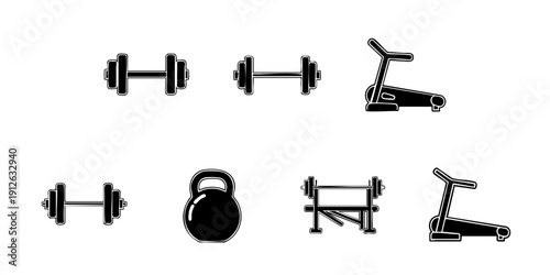 Collection of Fitness Equipment Icons Featuring Dumbbells, Kettlebells, and Exercise Machines in Simple Illustration Style