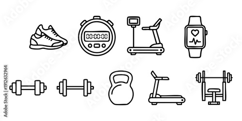 Assorted fitness icons including shoe, timer, equipment, and accessories on a clean white background from a straightforward viewpoint