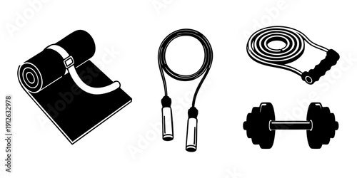 Fitness equipment set including yoga mat, jump rope, resistance band, and dumbbell on a clean background from a straightforward viewpoint
