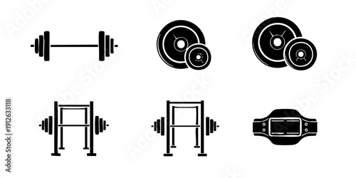 Collection of Fitness Icons Featuring Dumbbells, Weights, and Gym Equipment in Simple Black Illustrations