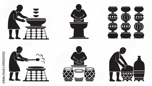Pottery making process with silhouettes of artisans at work