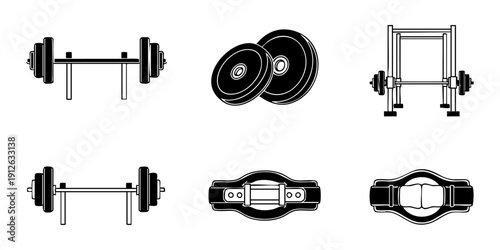A collection of fitness equipment icons including barbells, weights, and a championship belt, presented in a clean and minimalist style.