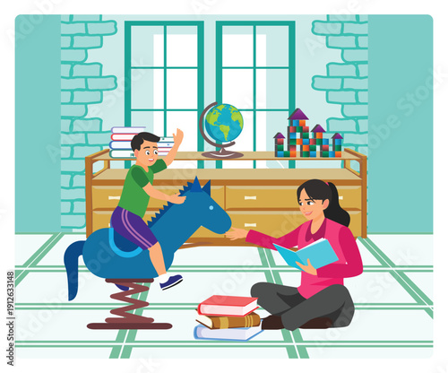 Kindergarten concept. Young Boy On A Spring Rocking Horse In A Classroom  with a Teacher.