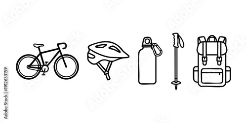 Outdoor adventure essentials including bicycle, helmet, water bottle, hiking pole, and backpack arranged in a line.