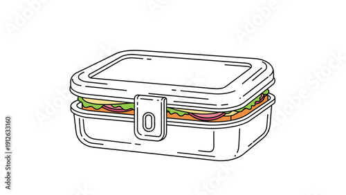 Simple line art drawing of a delicious sandwich with lettuce, cheese, and meat packed neatly inside a reusable plastic lunch box.