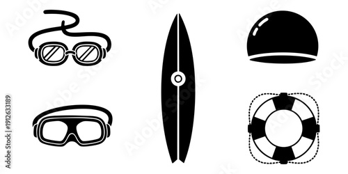 A collection of surfing and swimming accessories including goggles, surfboard, helmet, and life preserver illustrated in black and white