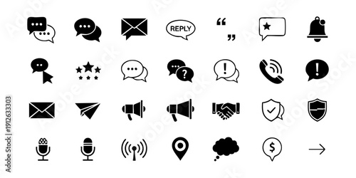 A collection of modern communication icons displayed on a clean white background, showcasing various messaging and notification symbols from different viewpoints.