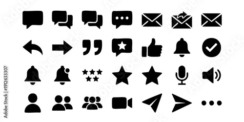 Collection of black communication icons on a plain white background displayed in a grid layout