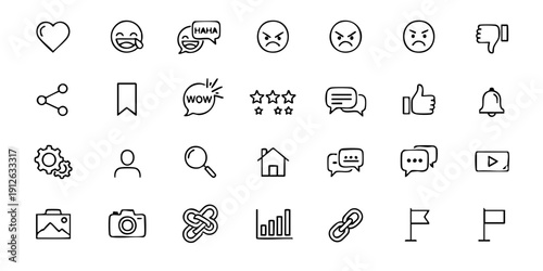 Collection of various simple line icons representing social media interactions and tools on a clean white background
