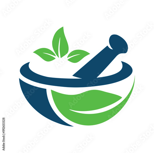 Stylized mortar and pestle with leaves logo symbolizing health and wellness