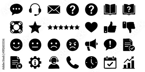 Collection of various black icons representing different emotions and actions displayed on a set of circular and rectangular backgrounds
